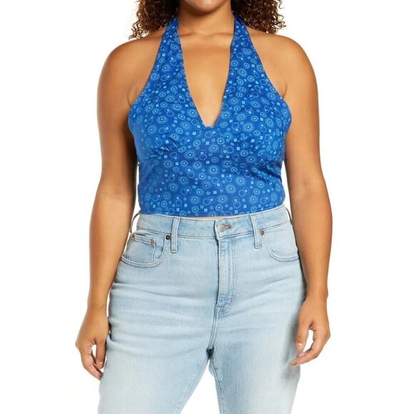 𝅺bp Womens Blue Print Halter BNWOT Crop Top Vneck Nordstrom - Picture 1 of 5